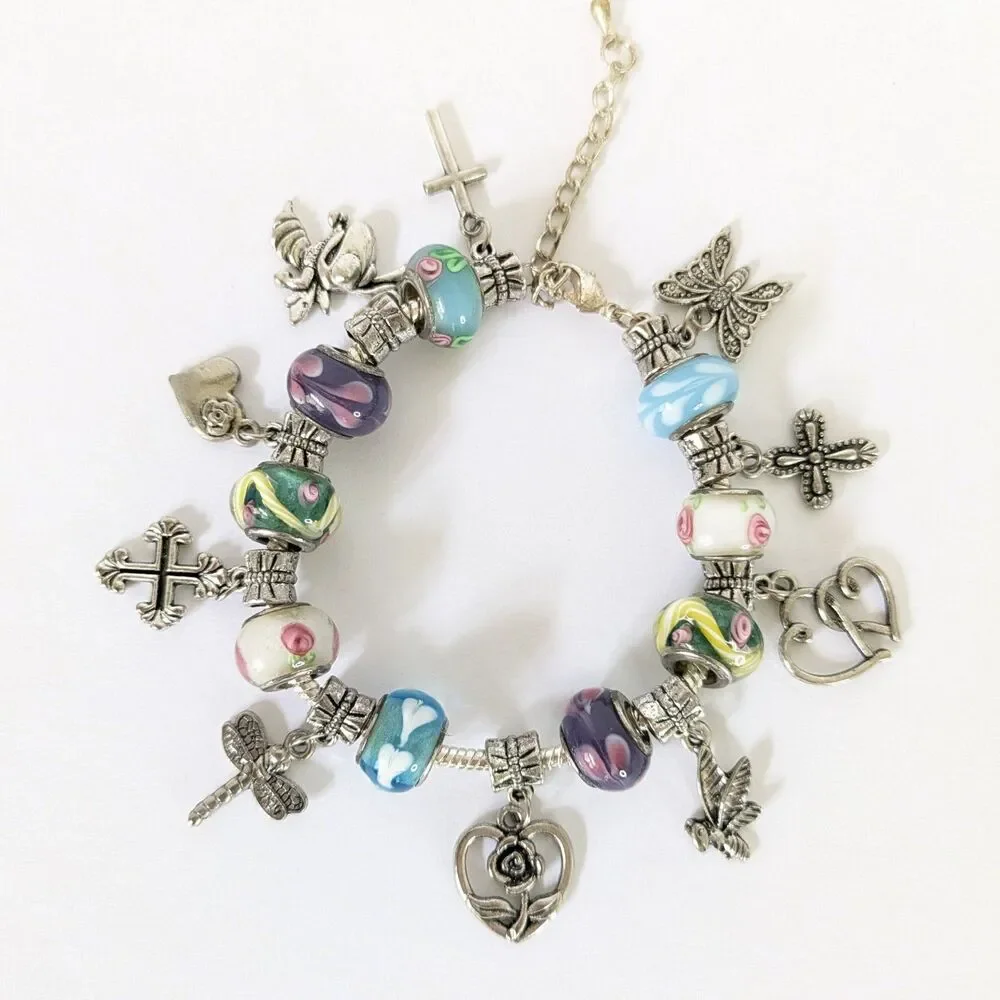 Murano Style Glass Bead Charm Slide Bracelet 6.5